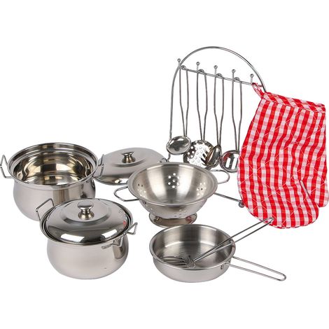 Batterie de cuisine "Gustav" en métal, avec gant de four et aide de cuisine, pour cuisines de jeux, à partir de 3 ans, Acier Inoxydable (1/4)