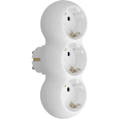 Adaptador triple Schuko con toma de tierra (16A 250V) para uso doméstico fabricado en plástico color blanco (1/5)