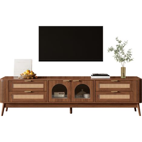 CHICFURN Mueble TV con 4 cajones, 2 puertas de vidrio curvo y LED con app, acabado en madera oscura, estilo moderno para salón, 180 x 40 x 50 cm (1/5)