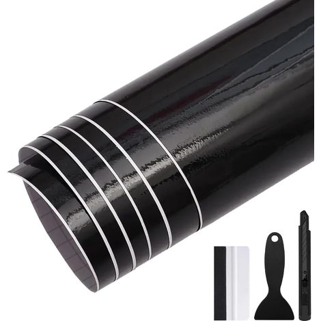 300cm x 30cm Covering Noir Brillant de Voiture Film Autocollant Adhésif Film de Protection pour Voiture Intérieure/Extérieure, Moto, Vélo (Noir Brillant, 150cm x 30cm) (1/5)