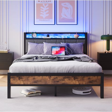 Lit 140x200 avec rangement, LED et USB, MDF métal HAVRYA (1/5)