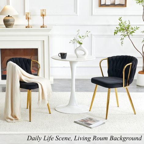 Chaises de salle à manger, lot de deux ,avec dossier tressé et pieds en métal doré, ergonomique, en velours, noir et doré (1/5)