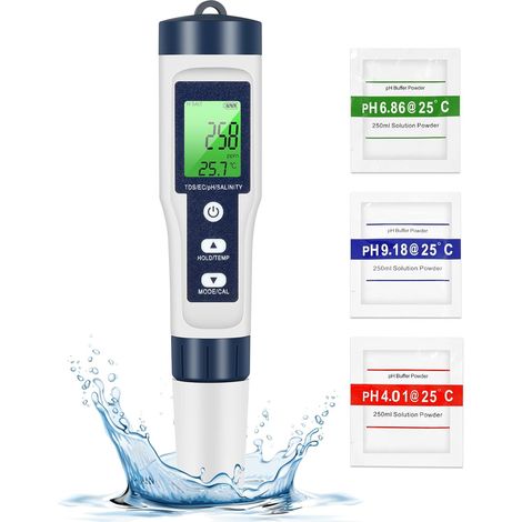 PH TDS mètre, testeur de qualité de l'eau 5 en 1 PH/TDS/EC/sel/température TDS mètre LCD rétro-éclairage vert pour piscine/aquarium/étang