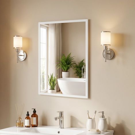 Miroir mural rectangulaire 50x70 cm blanc avec crochets, verre et MDF (1/5)