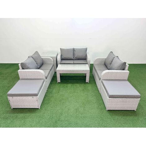 Fimous 8 Seater PE Wicker Rattan Furniture Sofa Sets with Oblong Coffee Table 2 Seater Love Sofa 2 Big Footstool Side Table Light Grey (1/4)