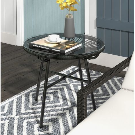 Table d’appoint de jardin style bohème, rotin PE, verre trempé 50 x 50 x 50 cm, noire, REDOM (1/5)