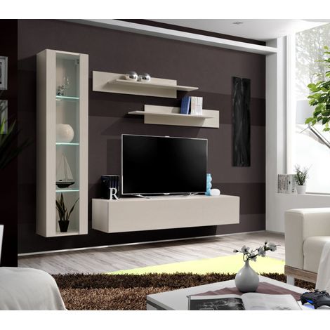 Ensemble meuble TV mural Fly G2 avec vitrine et éclairage LED - Bois MDF cachemire - 200 x 170 x 40 cm - Livraison gratuite