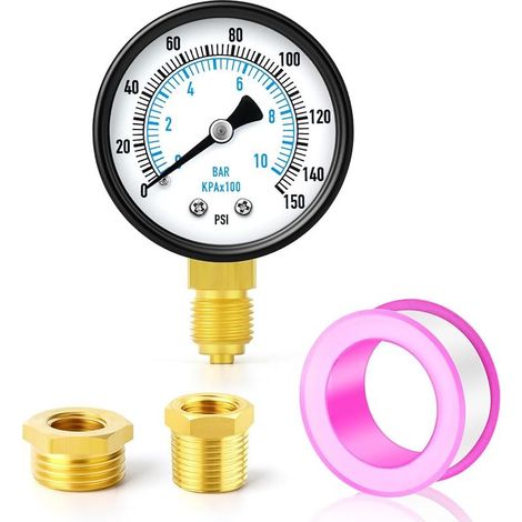 0-10 bar/0-150 psi Manomètre pour pompe de puits, cadran 2", 1/4" BSP, avec 2 douilles hexagonales en laiton 3/8" à 1/4" et 1/2" à 1/4", montage inférieur eau huile air (1/5)