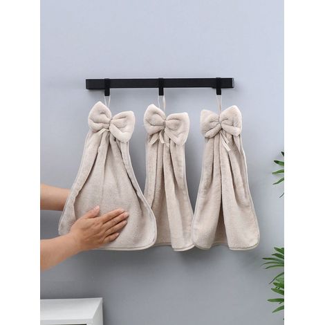 Lot de 3pcs Serviettes de main en polaire de corail, design nœud rayé créatif, douces et absorbantes — avec anneau de suspension, torchon de cuisine. (1/4)