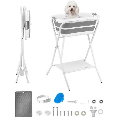 Bañera Elevada para Perros Gatos Pequeños con Soporte, Bañera Plegable Portátil 2 en 1 para Mascotas de 1,8 a 8 kg, Estación de Baño con Estructura en X, Desagüe con Manguera, Uso en Mesa Suelo (1/5)