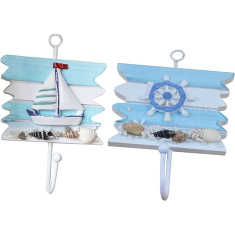 Set mit 2 dekorativen Garderobenhaken aus Holz, mediterraner und maritimer Stil, Wohnaccessoires