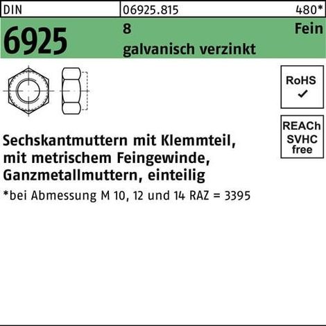 Ecrou hexagonal DIN 6925 Pièce de serrage M8x 1 8 galv. 100 pièces