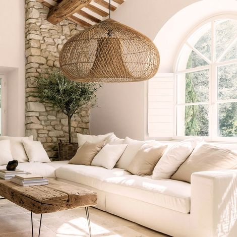 SIXTINE - Suspension 80x80cm en rotin couleur naturelle et bois de teck recyclé (1/5)