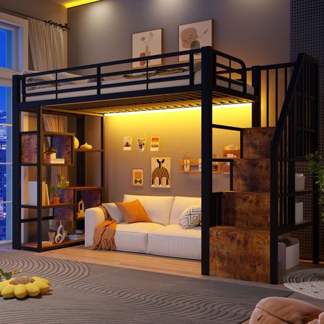 Letto a soppalco 90/200 cm nero in metallo e MDF con LED, scaffali e gradini (1/5)