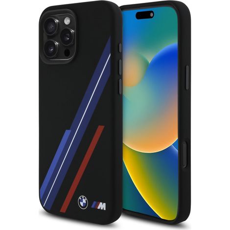 Coque rigide BMW BMHMP16X23SSPK pour iPhone 16 Pro Max 6,9" noire/noire, en silicone à lignes aléatoires, compatible MagSafe