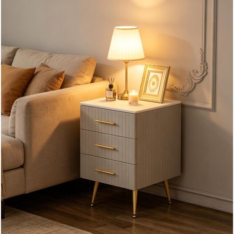 Table de chevet 40,5x41x62 cm gris en MDF, velours et métal avec 3 tiroirs et pieds dorés (1/5)