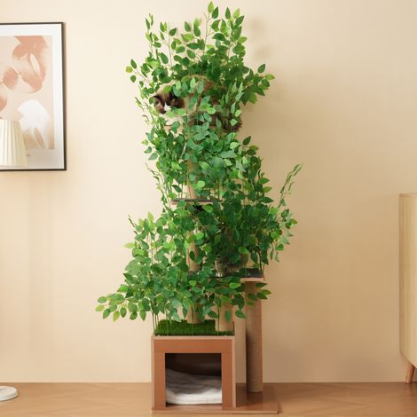 Arbre à chat 190 cm avec 4 étagères et niches – matériau sûr pour animaux, feuillages amovibles, MDF résistant aux griffes – idéal pour se cacher et grimper (1/5)