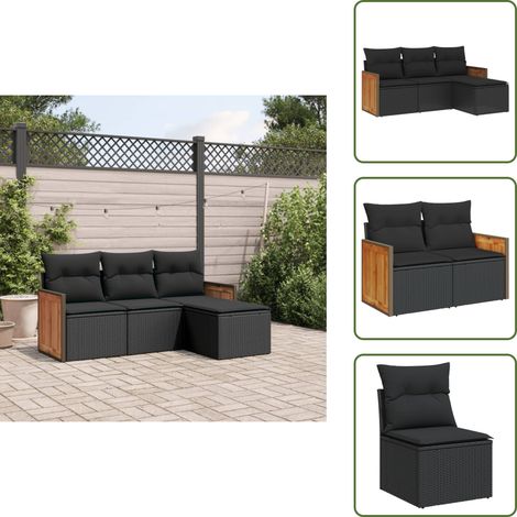 4-tlg. Garten-Sofagarnitur mit Kissen Schwarz Poly Rattan - Gartensorte - Gartenmöbelset - Rattan Möbel - Lounge Set - Esszimmergarnitur (1/5)