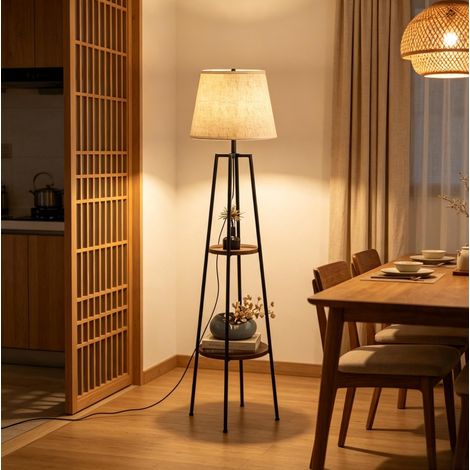Lampadaire trépied avec 2 étagères en MDF et métal E27 166 cm OKWISH (1/5)