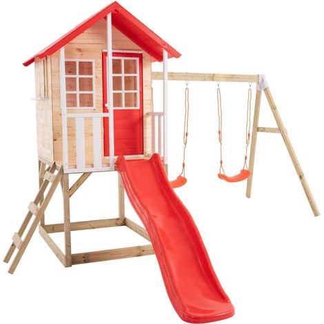Maisonnette modulable sur pilotis avec balcon, glissière et deux balançoires COQUELICOT en bois FSC®