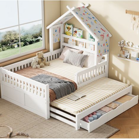 Letto a casetta 140x200 cm in pino e MDF bianco con letto estraibile, 3 cassetti, sponde di sicurezza e rete a doghe