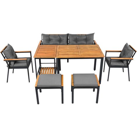 Ensemble table et chaises de jardin en bois d’acacia, mobilier de jardin, ensemble repas 6-7 places avec fauteuils et chariot de service amovible, housse en tissu amovible et lavable