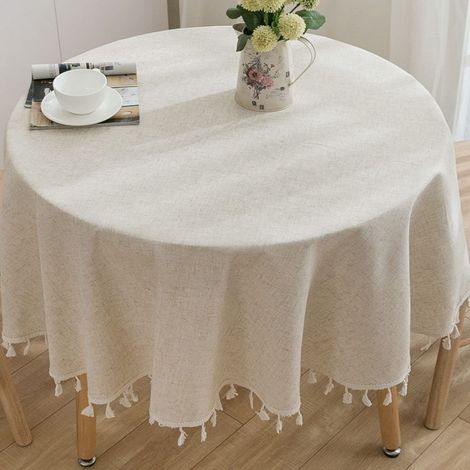 Mantel redondo de lino y algodón, lavable y sin arrugas, con borlas para bodas y fiestas. (1/4)