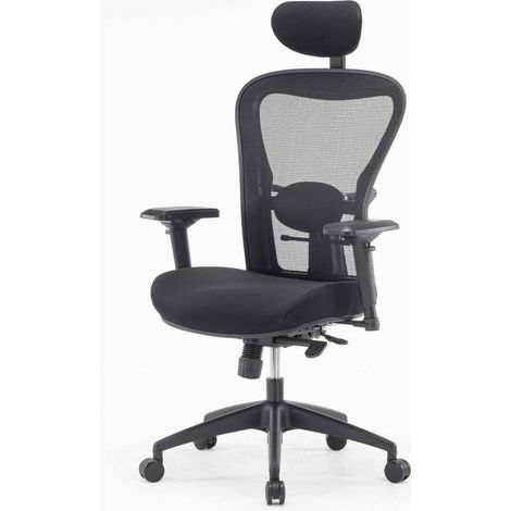Dmora - Chaise de bureau Dachi, Chaise de direction en maille avec accoudoirs, Siège de bureau ergonomique, 66x68h120/132 cm, Noir (1/4)