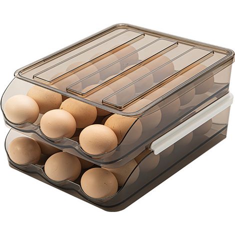 Transparente, stapelbare Aufbewahrungsbox im Eierschubladen-Stil für den Kühlschrank mit Deckel und zweigeteilter Lebensmittelaufbewahrungsbox. (1/5)
