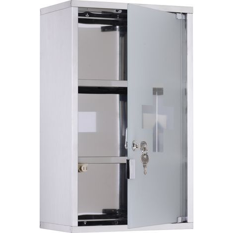 Armoire à pharmacie premiers secours, acier inoxydable, 3 étagères, boîte murale, serrure (1/5)