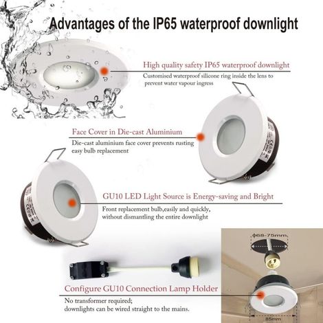Aougo – Spot LED encastrable étanche IP65 – Douille GU10 – Aluminium moulé – Tension 220-240V – Découpe 75mm – Pour salle de bain et cuisine