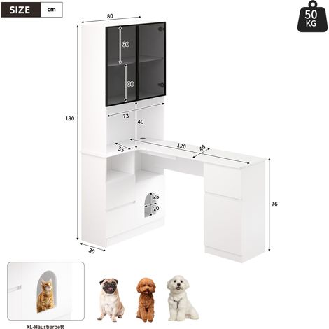 Bureau d’angle 120×80×180cm avec étagère et vitrine LED,passage câble,3 tiroirs et 2 portes. Bibliothèque intégrée pour intérieur.