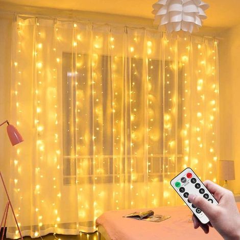 Guirlande lumineuse rideaux 3m x 3m – 300 LED blanc chaud – 8 modes d'éclairage – Alimentation USB – Télécommande incluse (1/5)