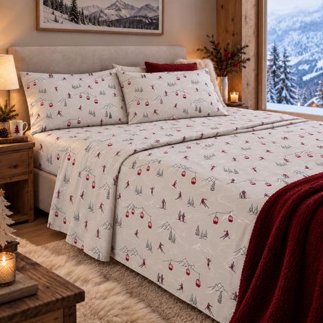 Completo Lenzuola Sciatori in Flanella 100% Cotone – Fantasia Montagna, Anti-Pilling, Made in Italy Una Piazza (1/5)