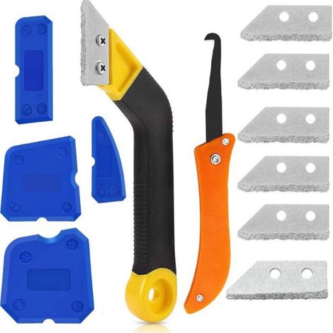 Ensemble de 12 grattoirs à joints de carrelage, grattoir à joints de carrelage pratique avec 5 lames de rechange, avec 4 grattoirs en silicone pour le nettoyage des carreaux