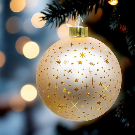 LED Glas Weihnachtskugel champagner zum Hängen mit Timer - 19 cm - Dekokugel mit Sterne Motiv soft gold beleuchtet batteriebetrieben
