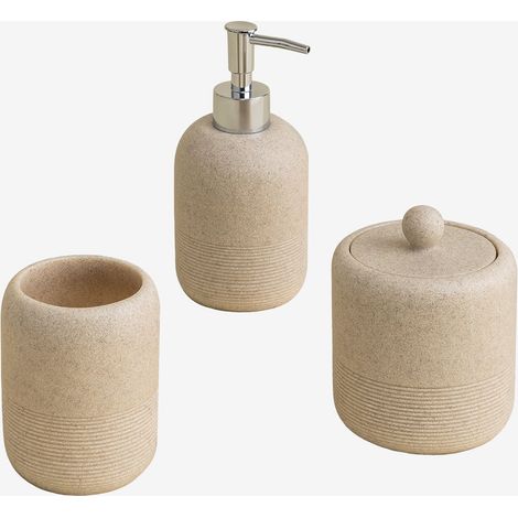 Sklum – Ensemble de bain Beltine – 3 pièces en résine beige vintage – Résistant à l'humidité – Pot de rangement pour cotons et accessoires (1/5)