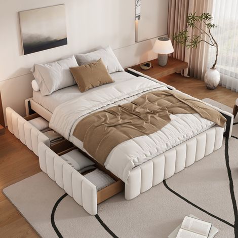 Cama tapizada de terciopelo beige 140x200 cm con 4 cajones, somier de láminas incluido (1/5)