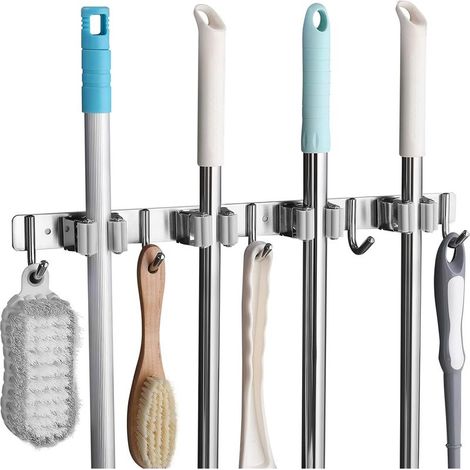 Porta scope da parete in acciaio inox con 4 fessure e 5 ganci per cucina, bagno, garage e giardino, grigio (1/5)
