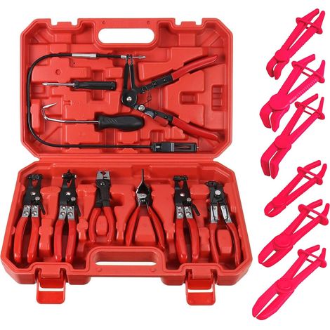 Kit di 15 pinze per fascette stringitubo, 9 pinze per fascette a molla e 6 pinze di bloccaggio per tubi, pinze bloccabili per la rimozione di fascette stringitubo per autoveicoli (rosse)