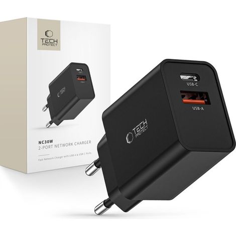 Cargador de red de 2 puertos TECH-PROTECT NC30W PD30W/QC3.0 negro