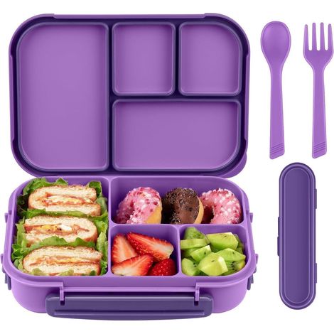 Amathley Bento Box Brotdose Kinder 1200ml Lunchbox 4 FäChern Besteck Lila (1/5)