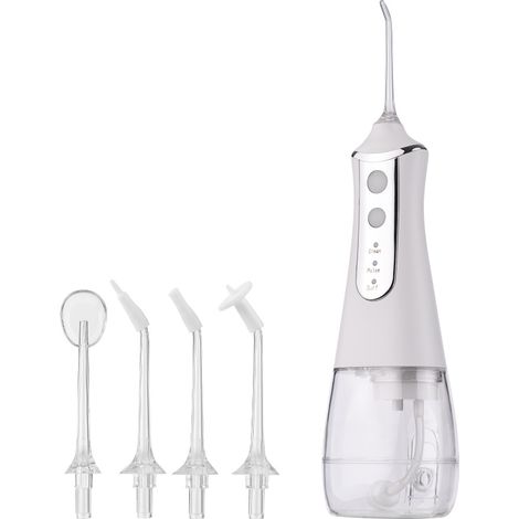 Tragbarer Munddusche, kabelloser Zahnreiniger, wiederaufladbar, 3 Modi, wasserdicht (IPX6), 5 Düsen, 350-ml-Wassertank
