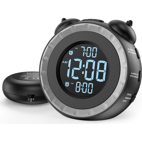 Réveil double puissant avec fonction de bercement du lit - Variateur de volume - Alarme vibrante - Convient aux personnes au sommeil profond ou malentendantes, facile à installer, port de chargement U (1/4)