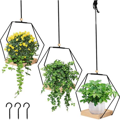 3 Pièces Suspension Plante Intérieure, Pot Suspendu Plante Interieur, Pot de Fleur Suspendu avec Anneau en Métal, Base en Bois, Crochet, Boho Support PlanteS Suspendue, pour Balcon, Jardin, Chambre (1/5)