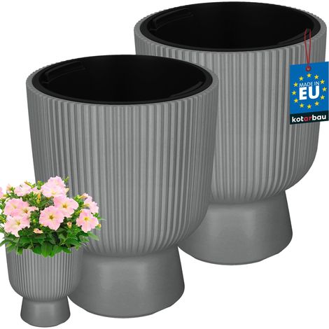 KOTARBAU® Lot de 2 Pot de Fleur - Pot Plastique Plante Ø 23 cm - avec Bac Intérieur - Pot de Jardin - Pot de Fleur Exterieur - H : 30 cm - PVC - Gris - Nervuré (1/4)