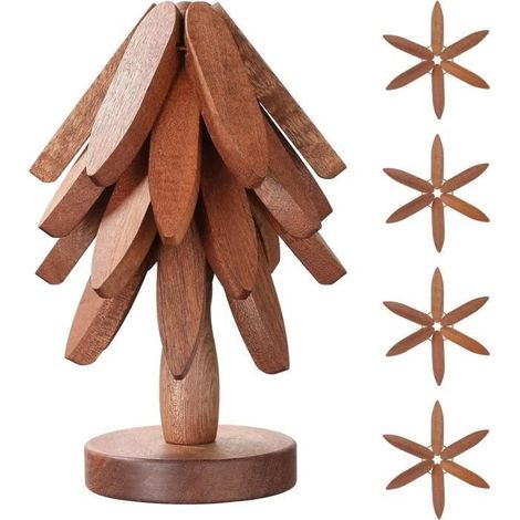 Dessous de Plat en Bois pour Plats Chauds,4 Dessous de Plat en Bois + 1 Support rangé comme Un Sapin de Noël,Dessous de Plat en Bois (1/4)