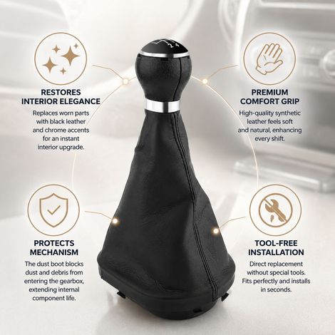 Pomello del cambio a 5 marce Toivize + cuffia per VW Touran 2003-2010 e Caddy II MK2 2004-2009, nero cromato, plastica, pelle sintetica (1/5)