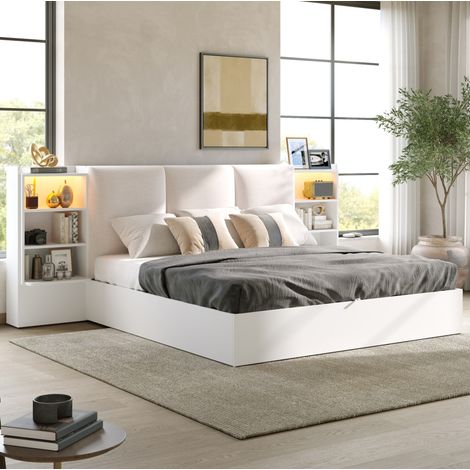 Lit coffre 180x200 cm avec tête de lit rembourrée, LED, 6 espaces de rangement et coffre hydraulique, MDF et contreplaqué - blanc (1/5)
