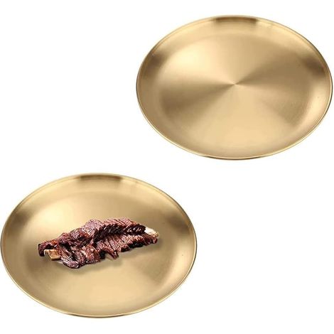 Un ensemble de 2 plateaux décoratifs en acier inoxydable, assiettes rondes en acier inoxydable (20 cm, doré).